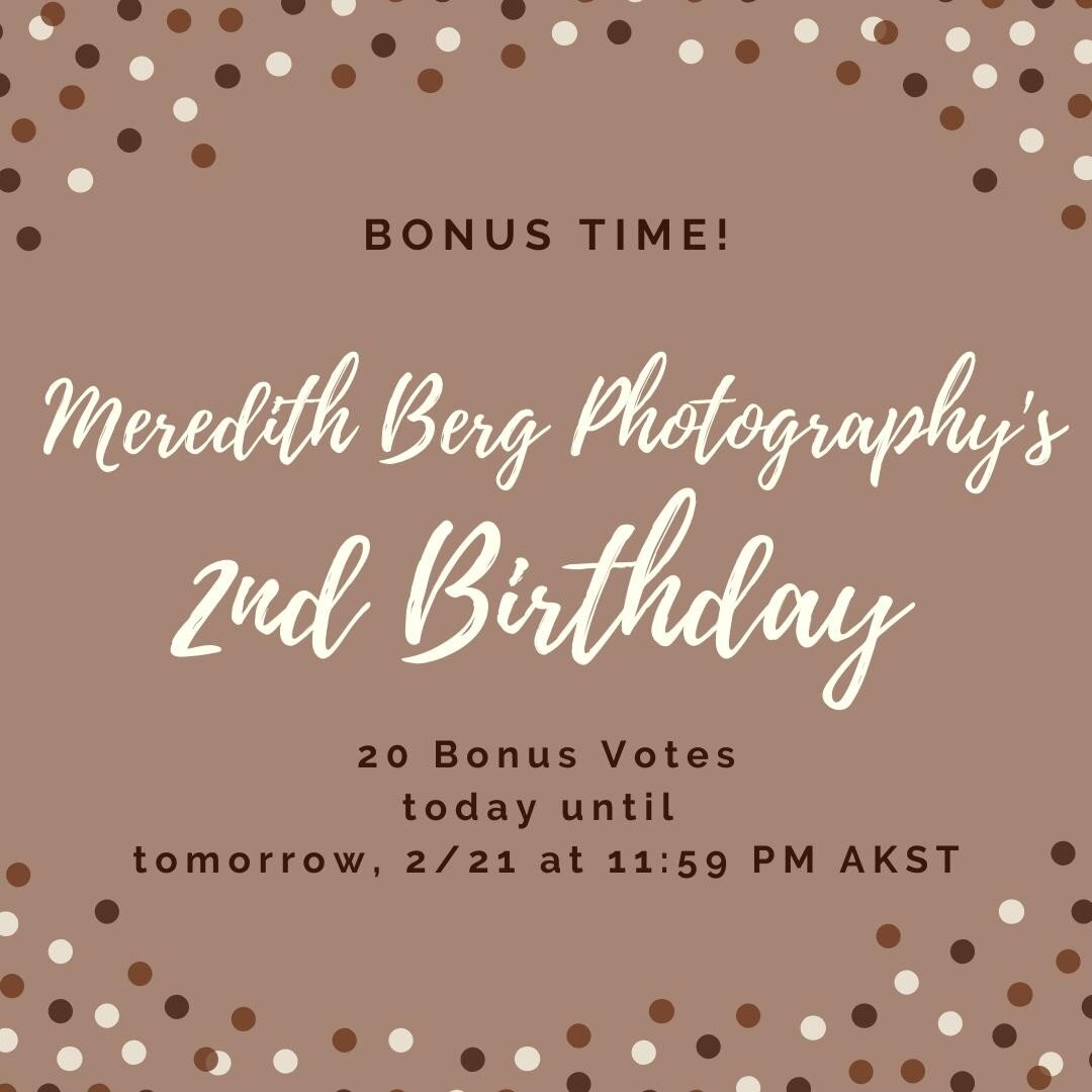 It's bonus time Thursday! To celebrate Meredith Berg Photography's 2nd Birthday, you'll get 20 bonus votes for every $20 donated to your pup's calendar entry! This bonus ends tomorrow, 2/21, at 11:59 PM AKST! Go vote for your favorite pup and support