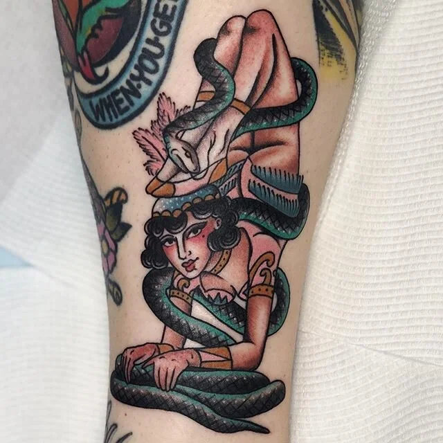 A very fun bendy babe for the lovely Mikela 🖤 made at @tattoorosies for all appointments and enquiries please email emilyjanetattoo@gmail.com or use the submission form online :)
