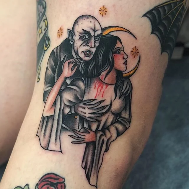 A symphony of horror on my fav @leviathanmetals 🖤 I think it&rsquo;s pretty clear I love vampires and moons 🖤 can&rsquo;t wait to be back home at @tattoorosies for all commission enquiries - email emilyjanetattoo@gmail.com and check out all the pai