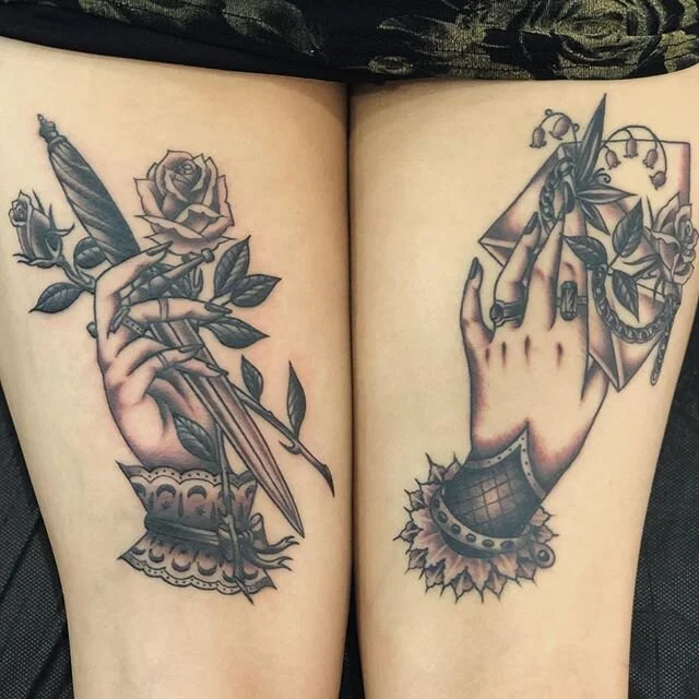 Was lucky enough to do the shading on these for Sarah before lockdown. Power of weapons, power of words. Made at @tattoorosies for all commission enquiries email emilyjanetattoo@gmail.com or DM for a chat ❤️❤️