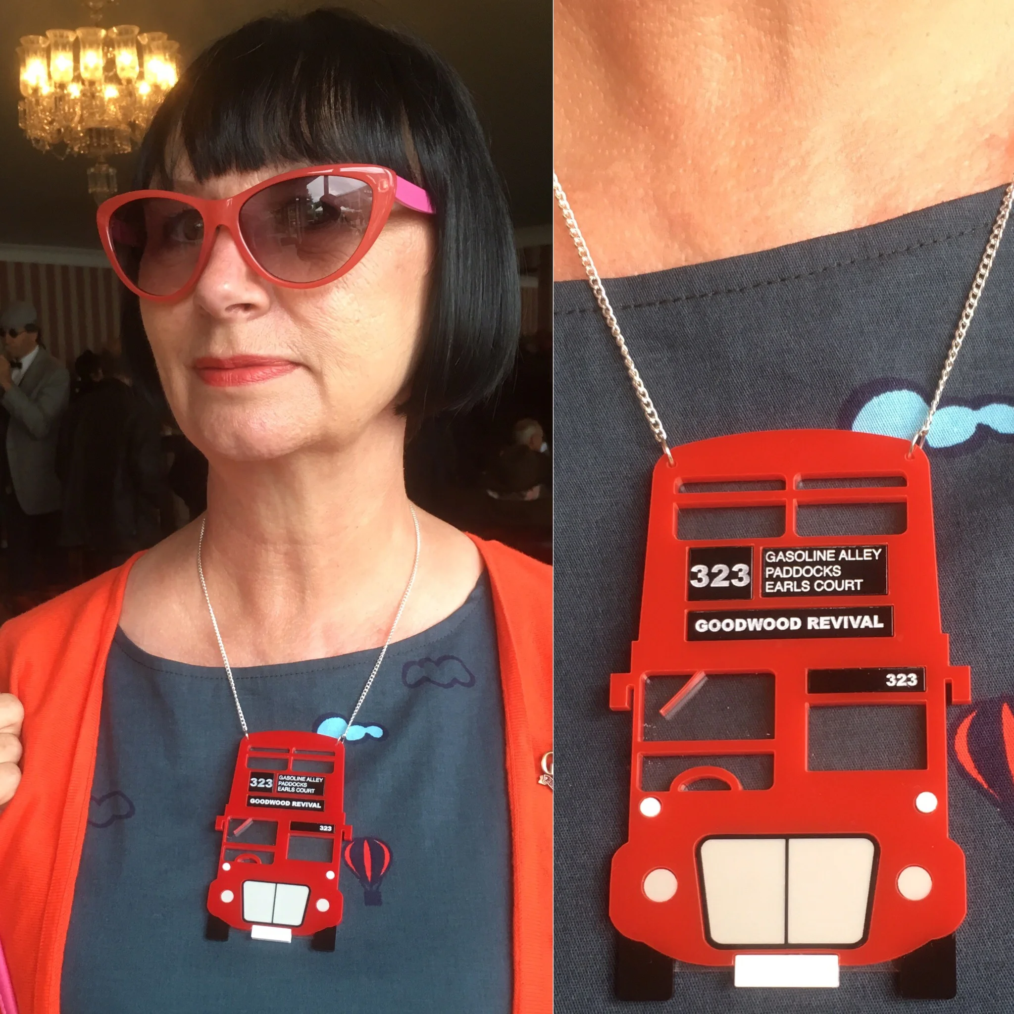 Custom Vintage Red London Bus designed to match a London dress. It was worn at Goodwood Revival... with unique bus number and bus stop names!
