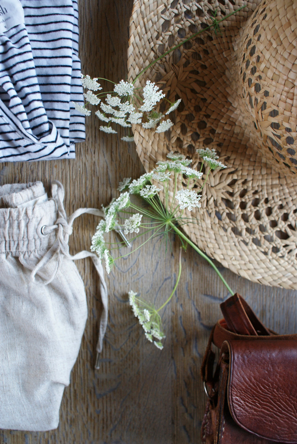   Hush - Linen Blend Striped Tee    H&amp;M - Linen Blend Shorts   Hat found by Kate &amp; little leather bag found by Rosehip 