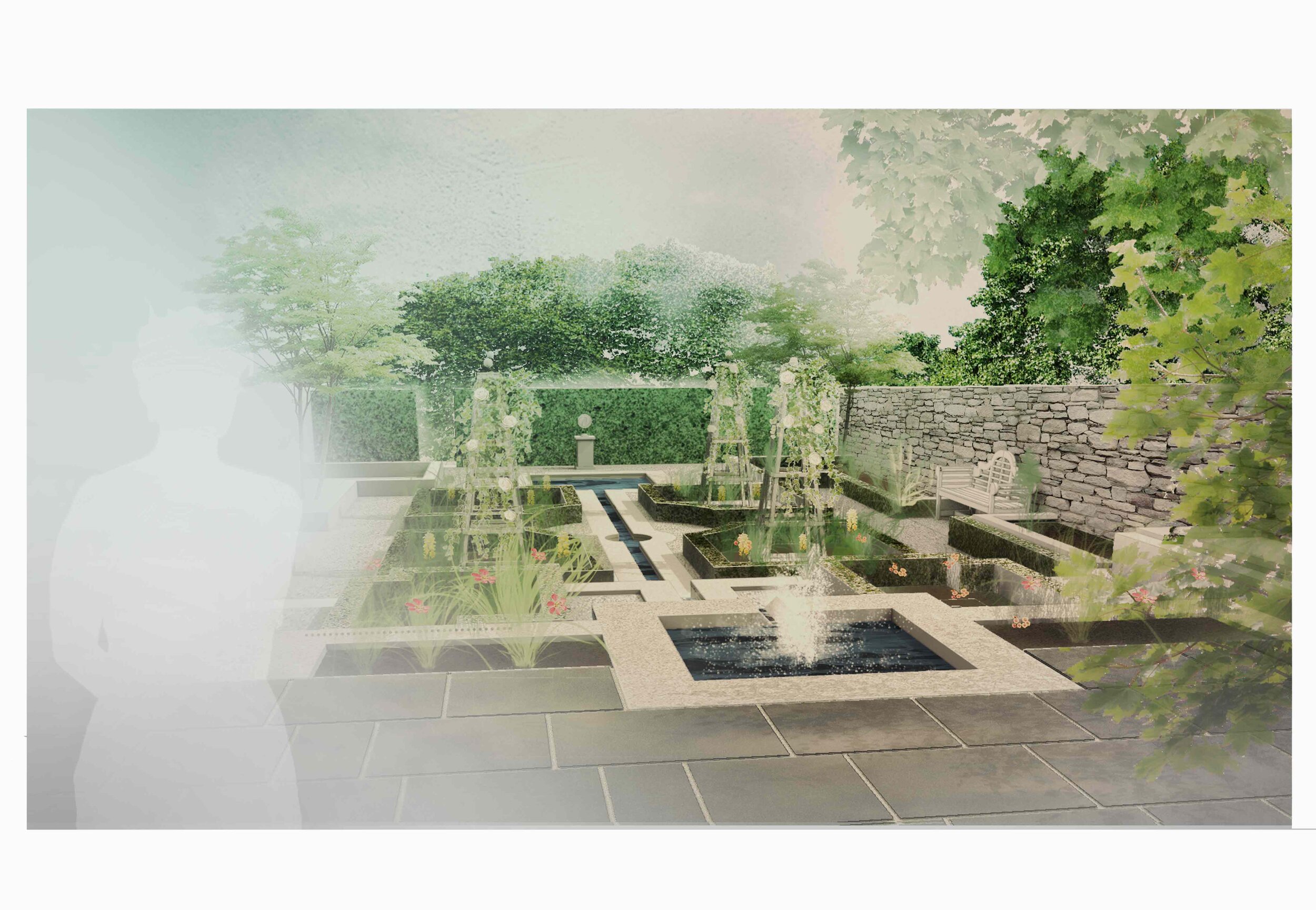 Perspective Render showing Water Feature and Rill in this Edinburgh Garden Design