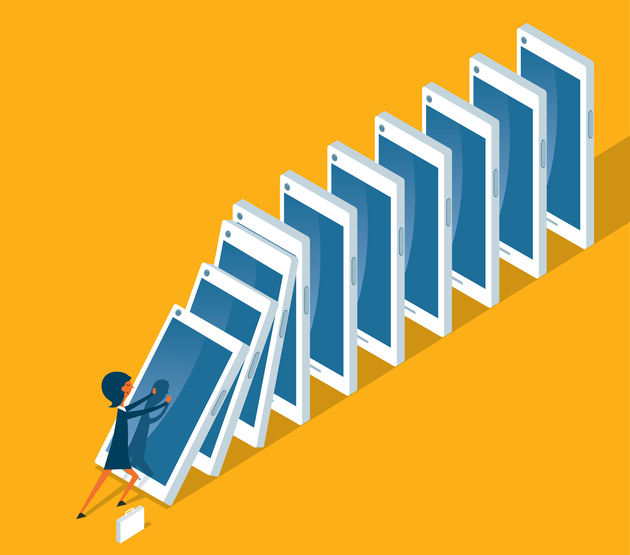 Illustration - woman pushing over smartphones