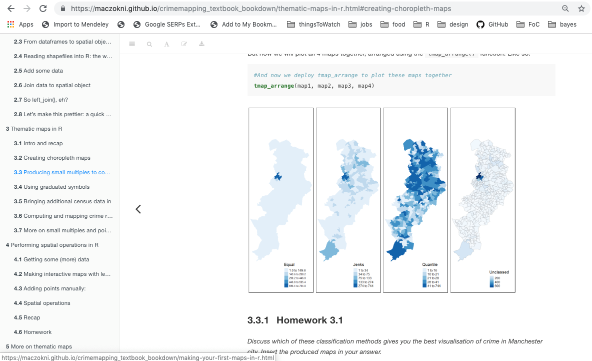 This is a screenshot of the crime mapping course material, it has four maps of crime rate in manchester and some instructions for students on how to make these, you can access the chapter which is screen-reader friendly here: https://maczokni.github.io/crimemapping_textbook_bookdown/thematic-maps-in-r.html#creating-choropleth-maps