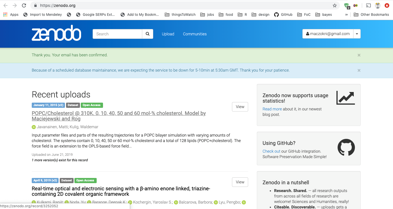 This is a screenshot of what the zenodo landing page should look like, it has a blue banner that says zenodo, a list of recent uploads, and it should say your username (email) on the top right hand corner