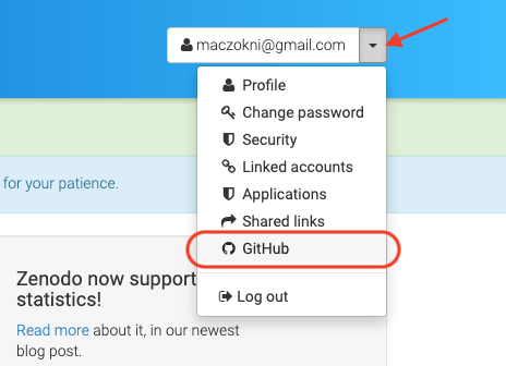 image shows the drop down menu that appears when you click on downwards arrow next to username, with an arrow pointing to the downwards arrow to click on, and a box encircling the GitHub option to select