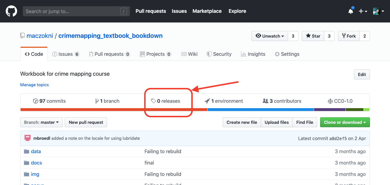 image shows the main page of your github repo, with the releases tab highlighted with a red box and an arrow pointing at it. this is between the branch and the environment tabs.