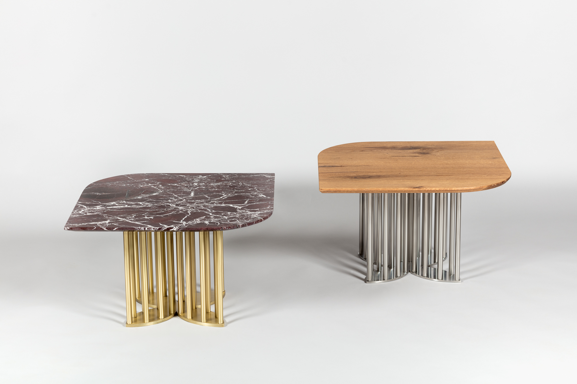   Top : Rosso Levanto Marble  Base : Solid Brass  Top : Solid Oak Veneer  Base : Stainless Steel 