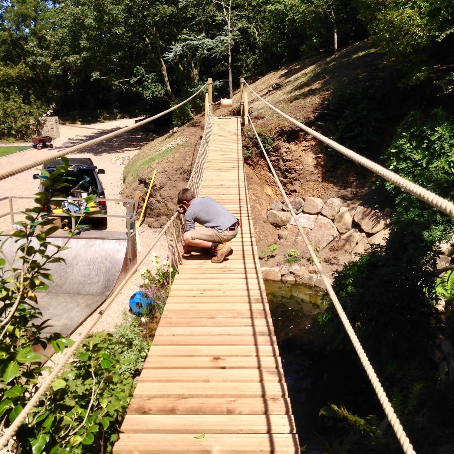 Installing deck Rope Bridge walkway