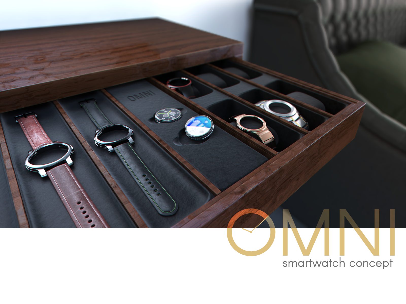 Omnis and Omni watch cases arranged in a wooden presentation display