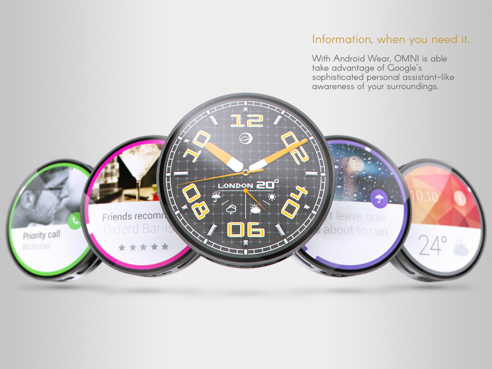 5 Omni modules in a staggered area with different items on the displays