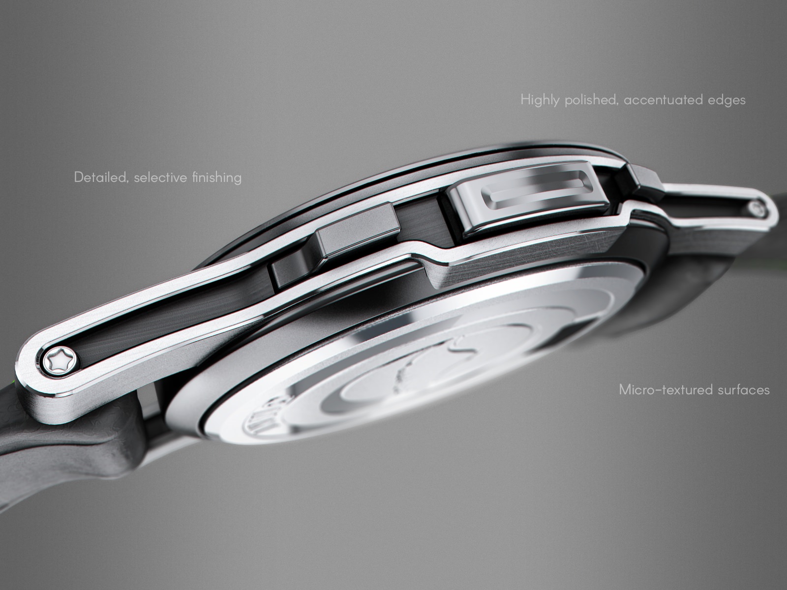 A detailed close-up of the high end dark metal watch design