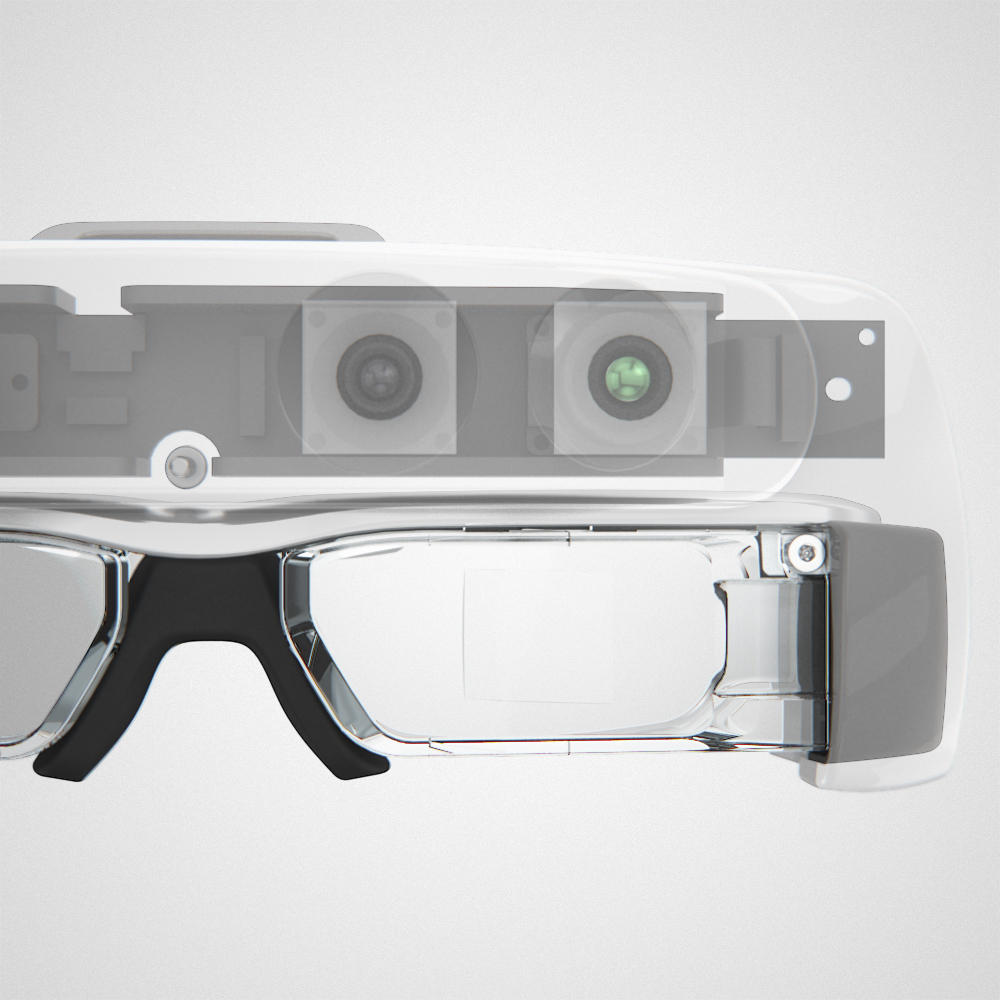 Front view of the Helios headset with transparent housing and a view of the internal pcb and cameras