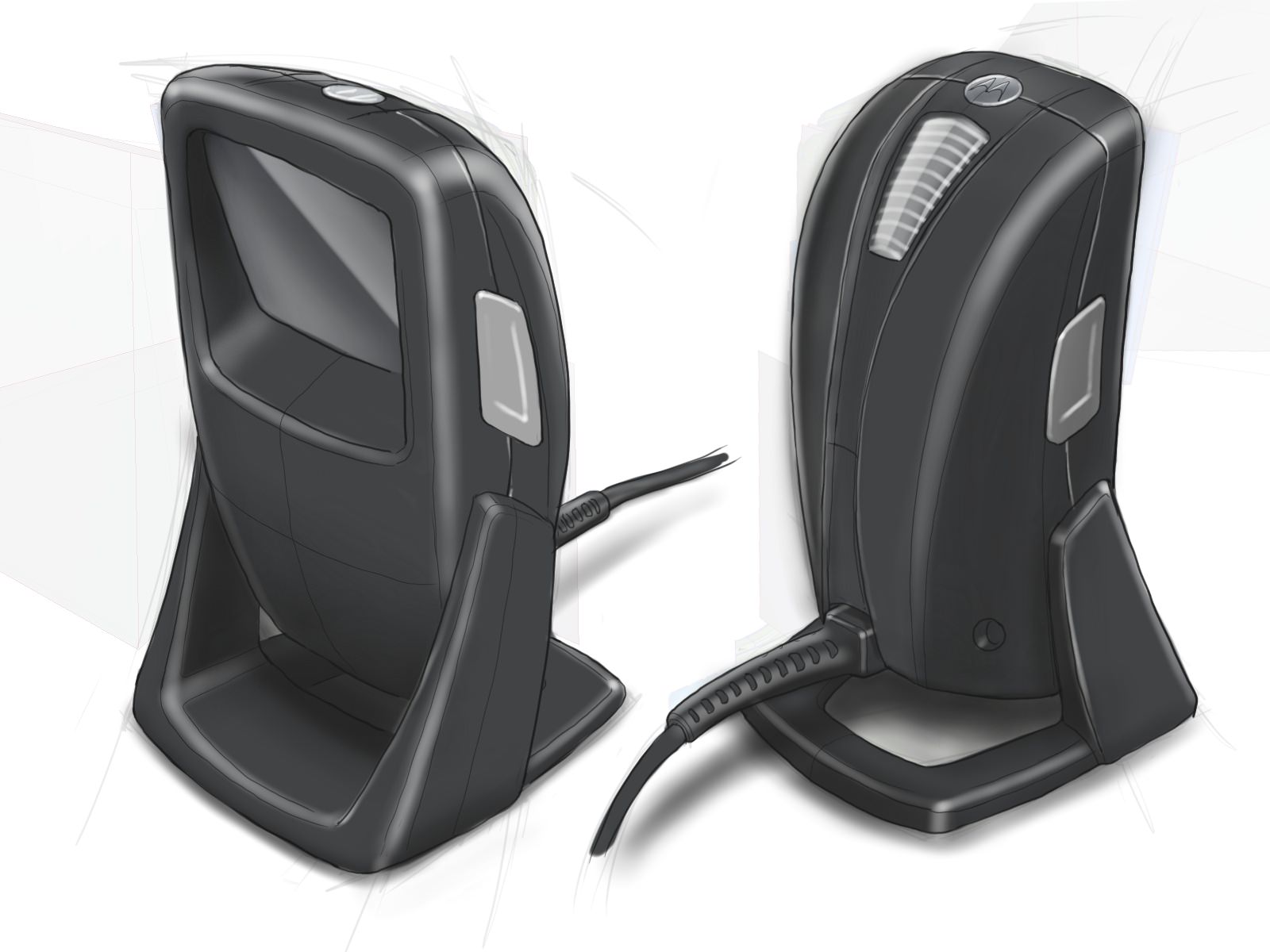 Early concept sketch for the DS9208 in an arc-shaped black housing