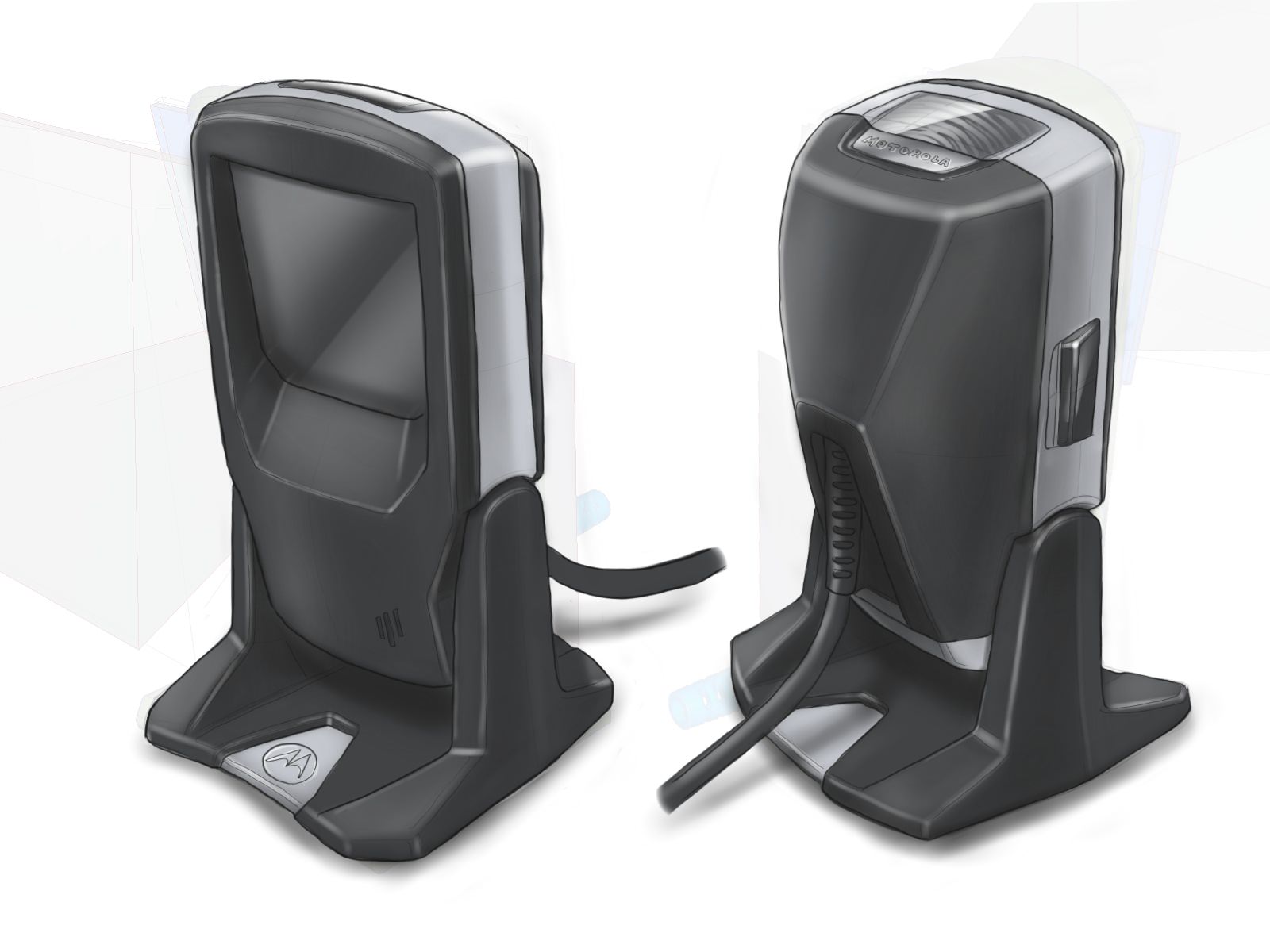 Early concept sketch of the DS9208 in a monolith style black housing and silver metal band