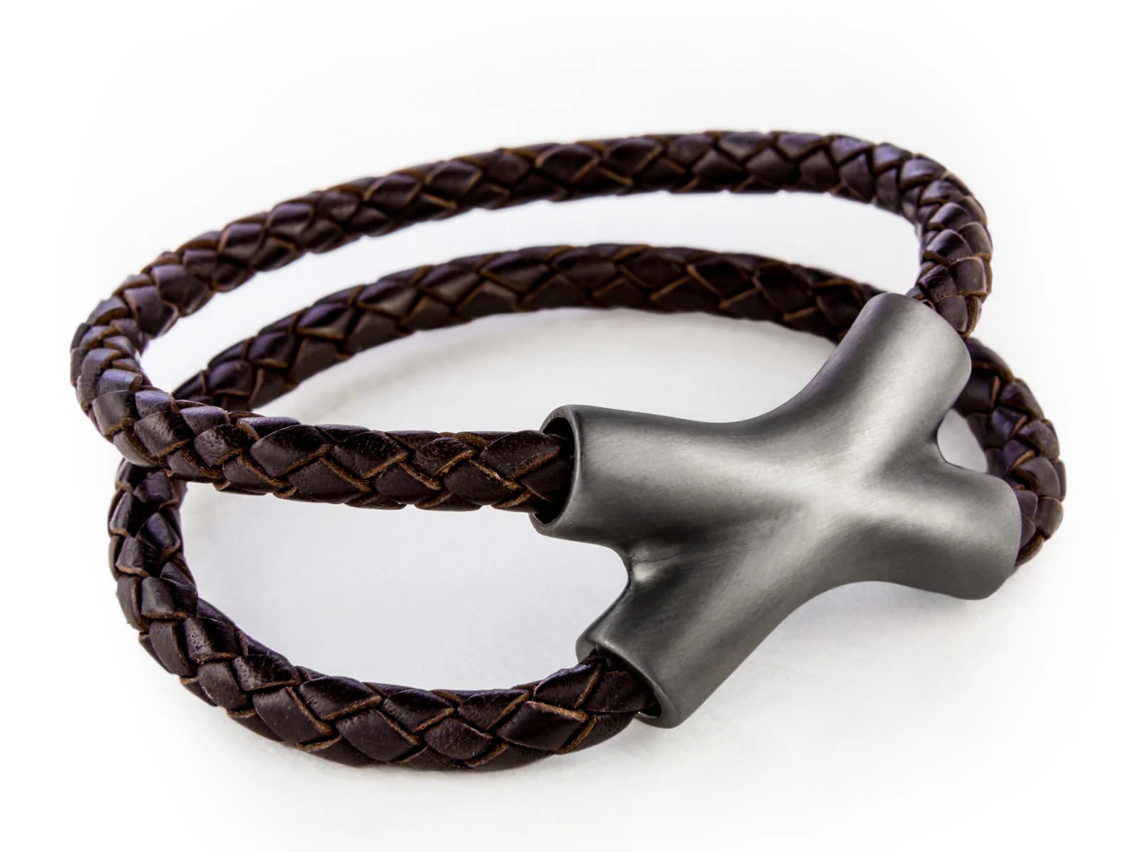 The brushed Ruthenium plated silver Crossover bracelet with an X shape and cross-over leather cord styling