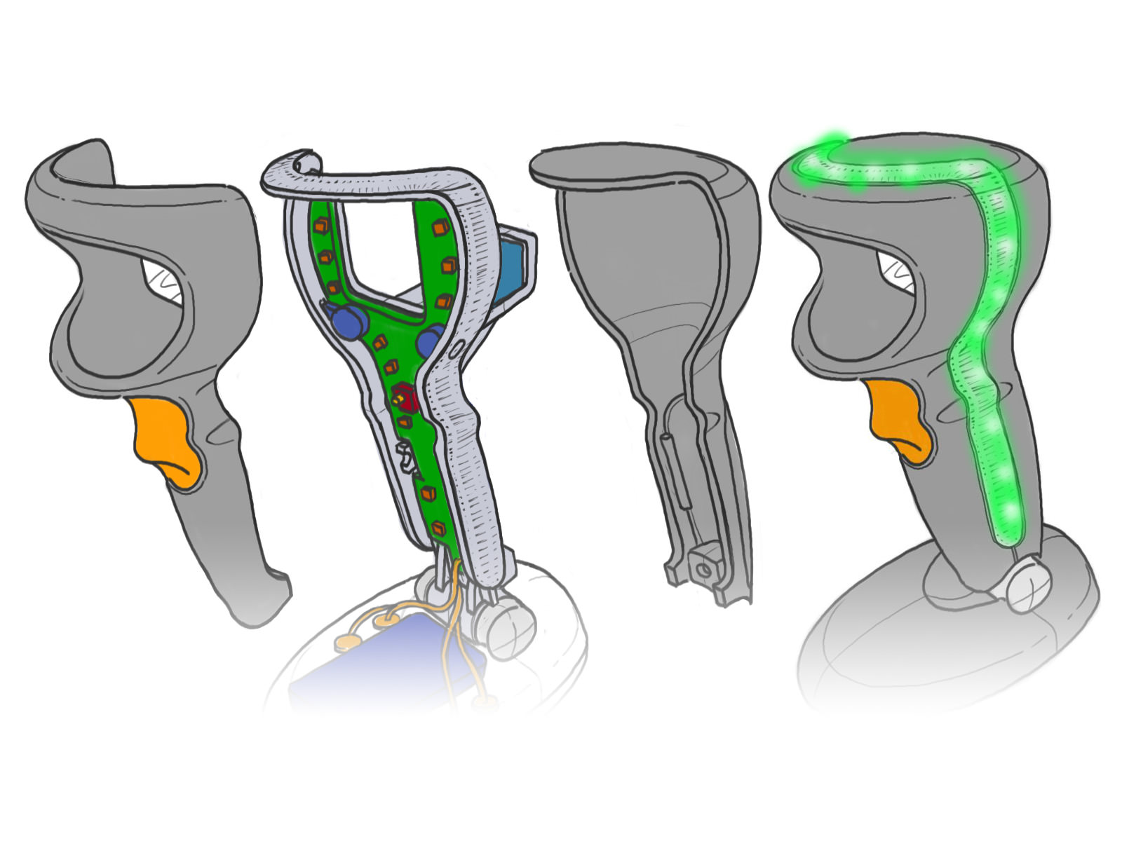 An early concept sketch for a possible assembly breakdown of the DS9808 with an LED lightpipe separating the front and back housings