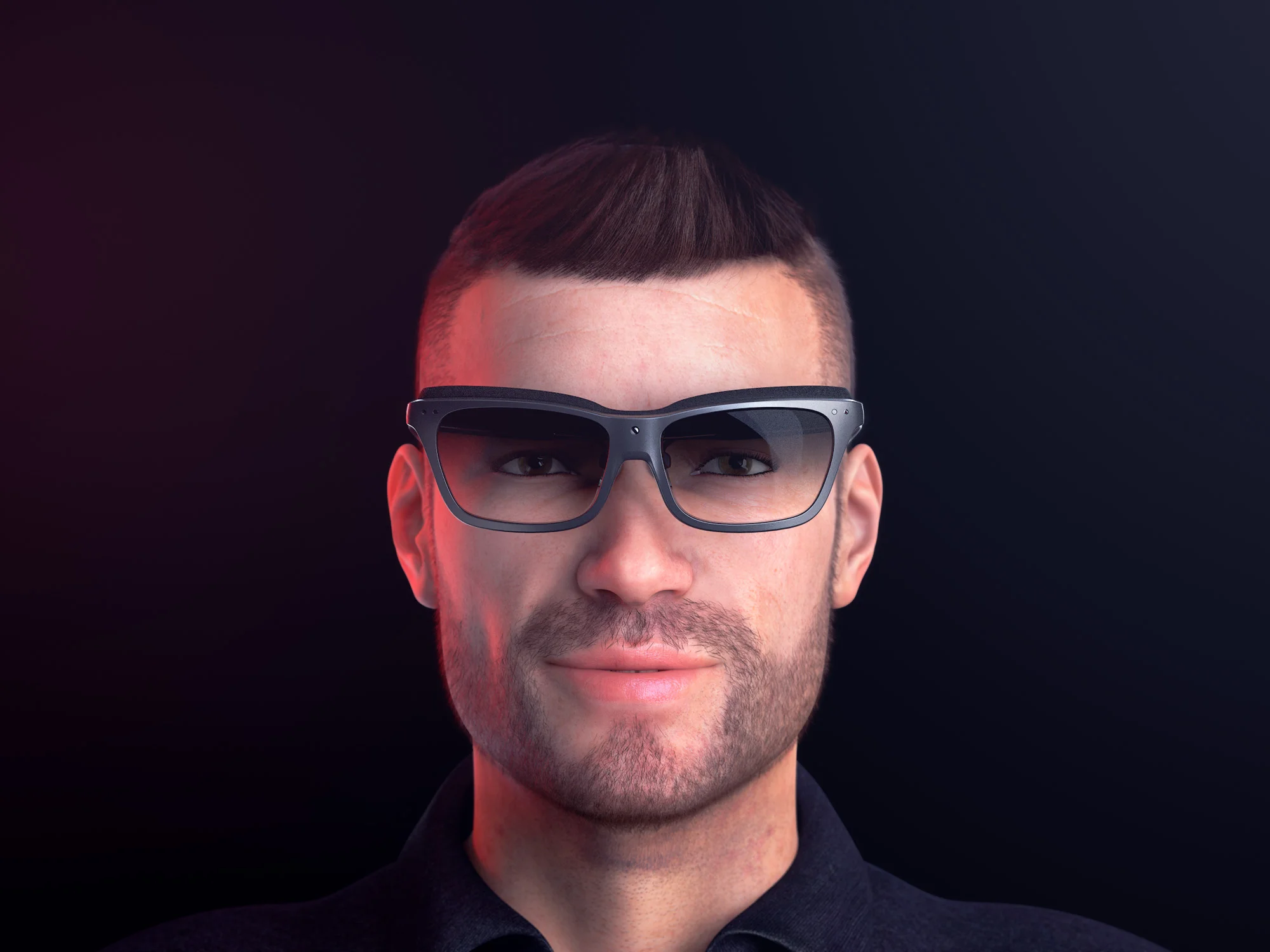 Front view render of a man wearing a pair of concept WaveOptics glasses