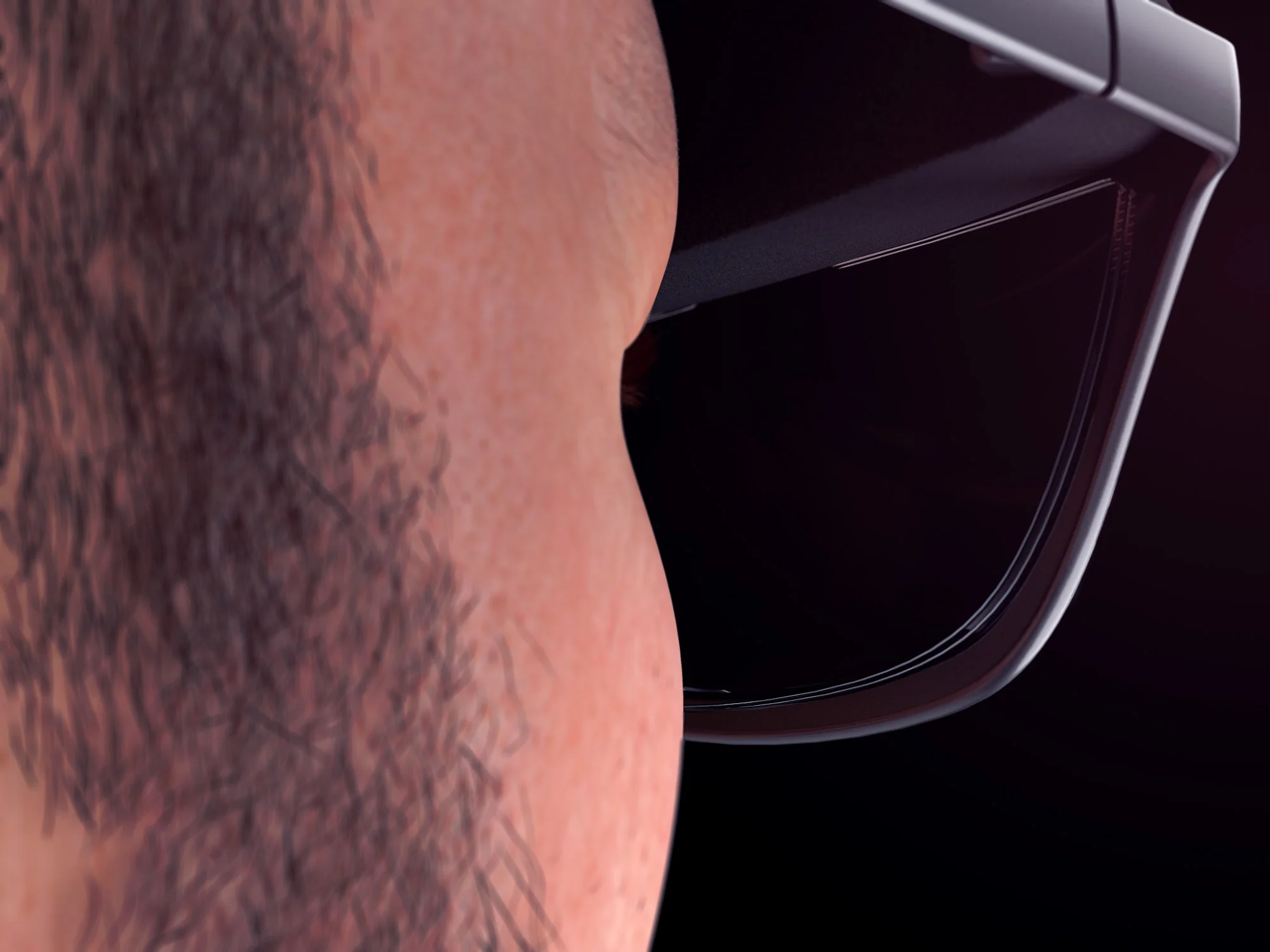 Close-up view render of a man wearing a pair of concept WaveOptics glasses