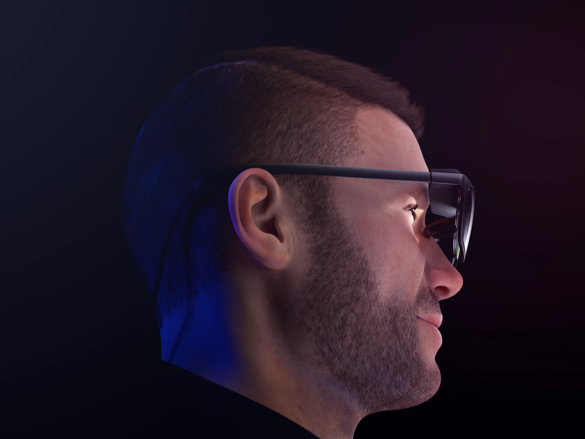 Side view render of a man wearing a pair of concept WaveOptics glasses