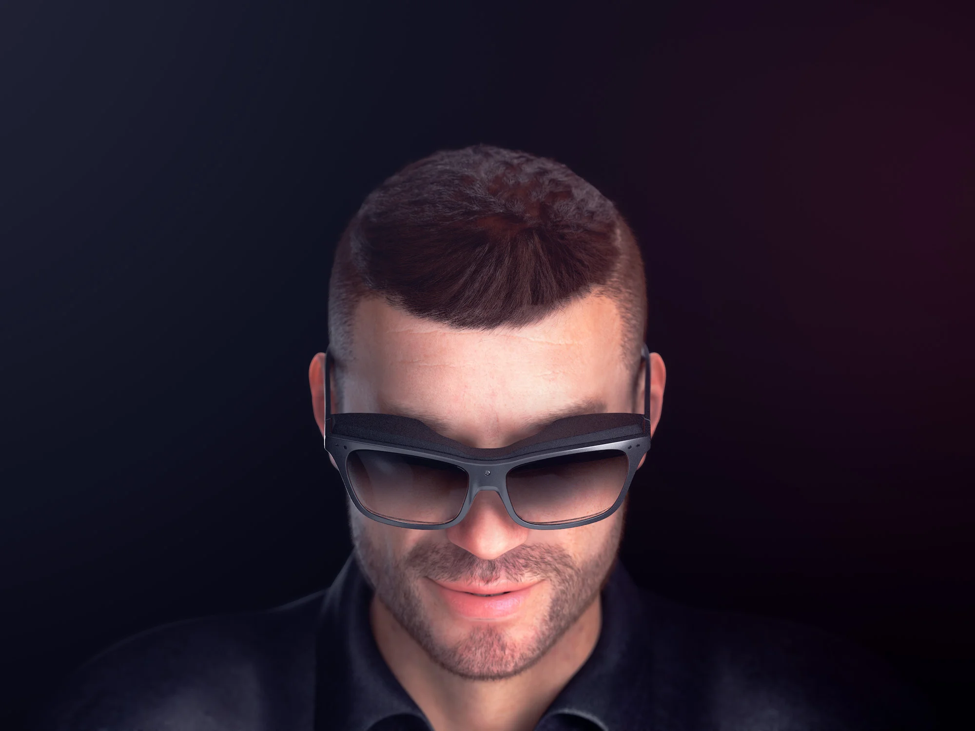 Top view render of a man wearing a pair of concept WaveOptics glasses