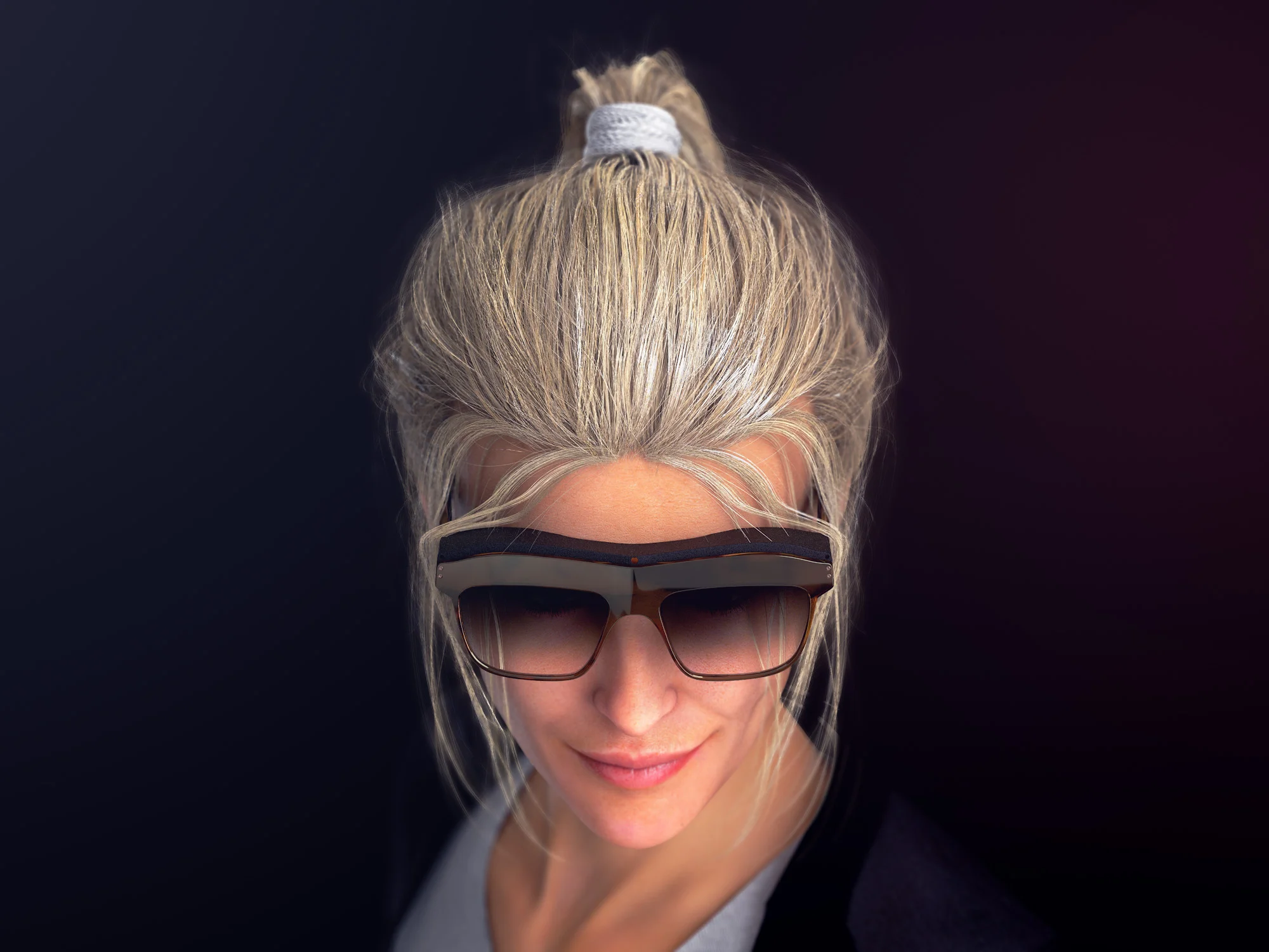 Top view render of a woman wearing a pair of concept WaveOptics glasses