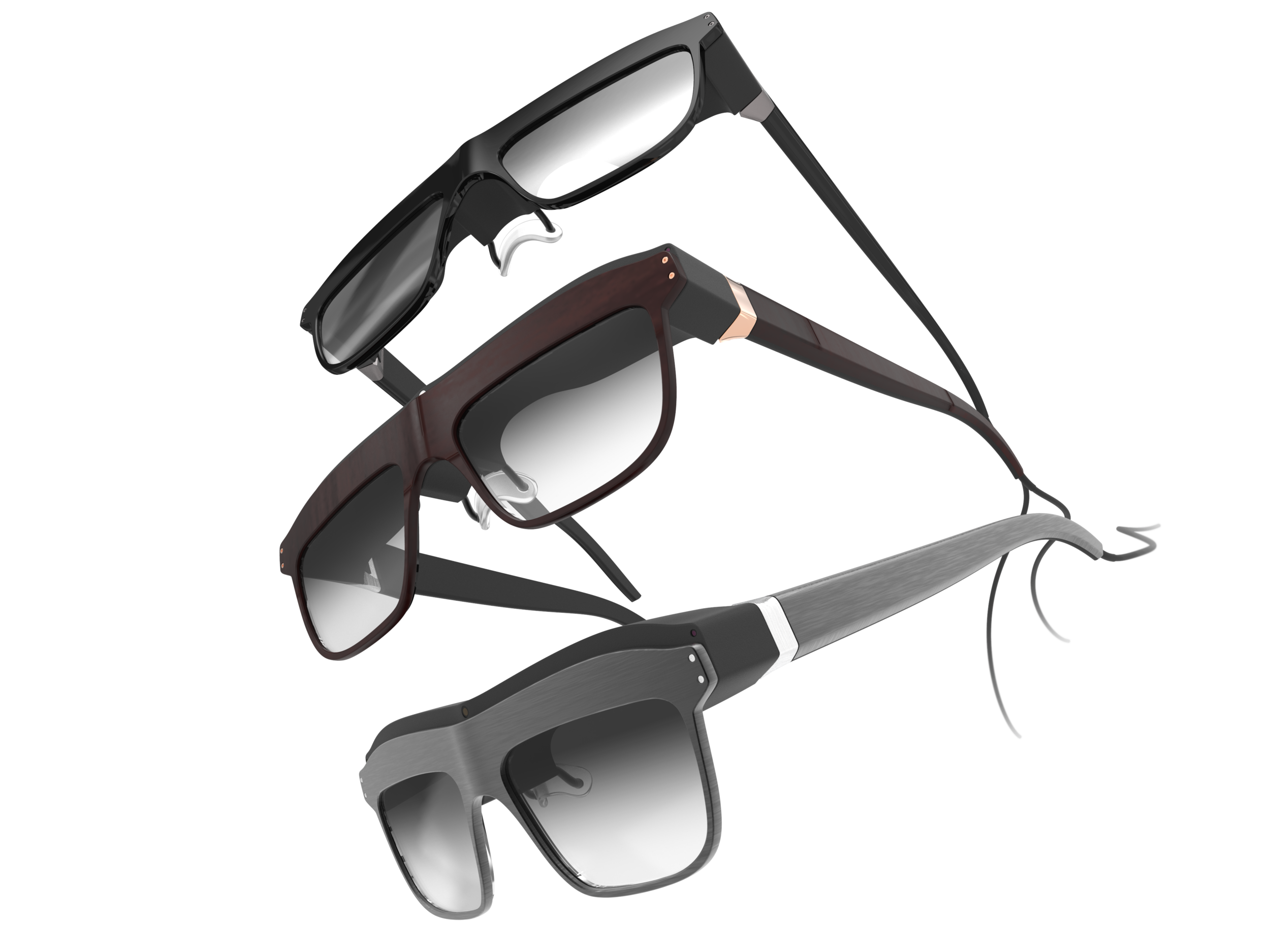 Array of 3 of the women's concept WaveOptics glasses in a variety of finishes