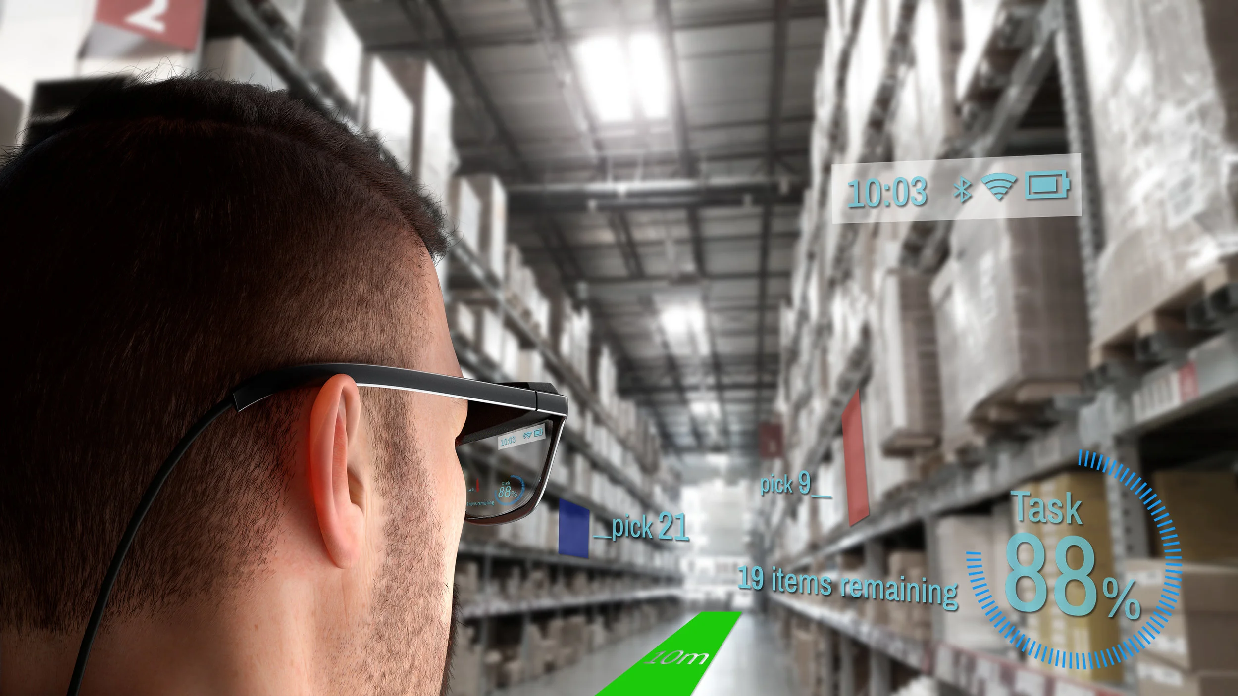 Simulated view of a warehouse scenario view as seen through the men's concept WaveOptics glasses