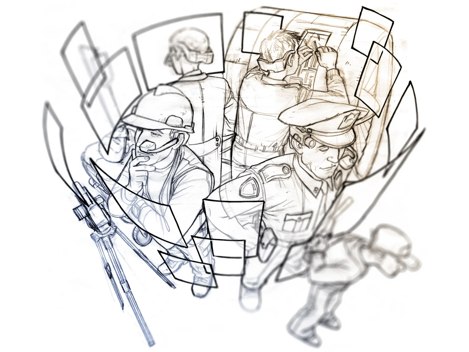 Pre-colourised sketch of 4 workers standing back-to-back wearing the HMD and virtual screens floating in front of them.