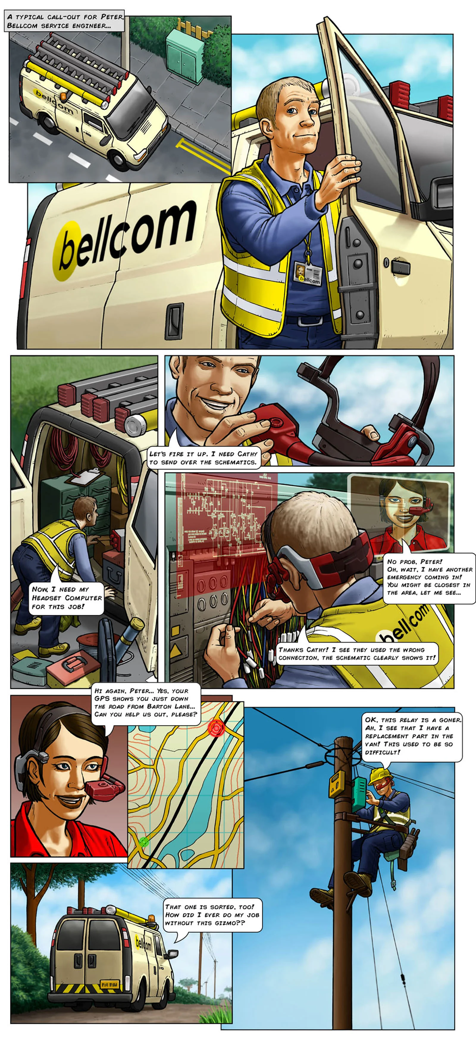 Colourised comic strip of an HMD being worn during an electrical installation scenario