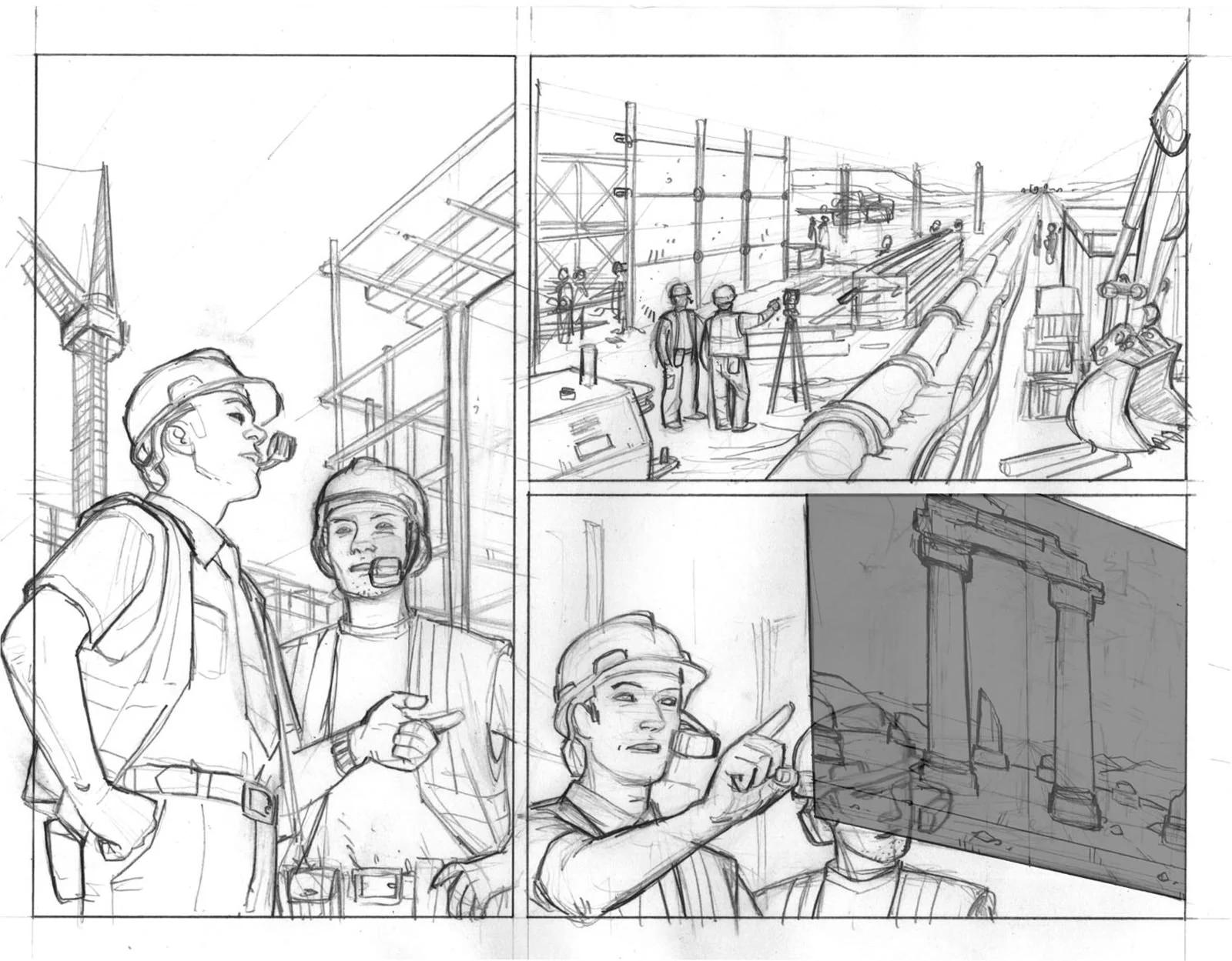 Pre-colourised comic strip of an HMD being worn during an architecture and building operation