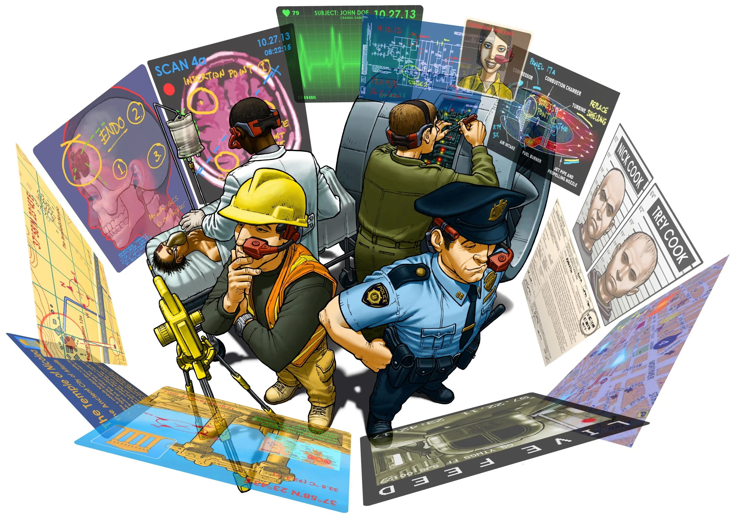 Final colourised sketch of 4 workers standing back-to-back wearing the HMD and virtual screens floating in front of them.