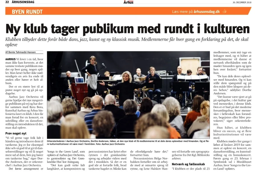 Artikel om Den Levende Kunstklub i Aarhus Onsdag d. 30. december 2018, side 22.
