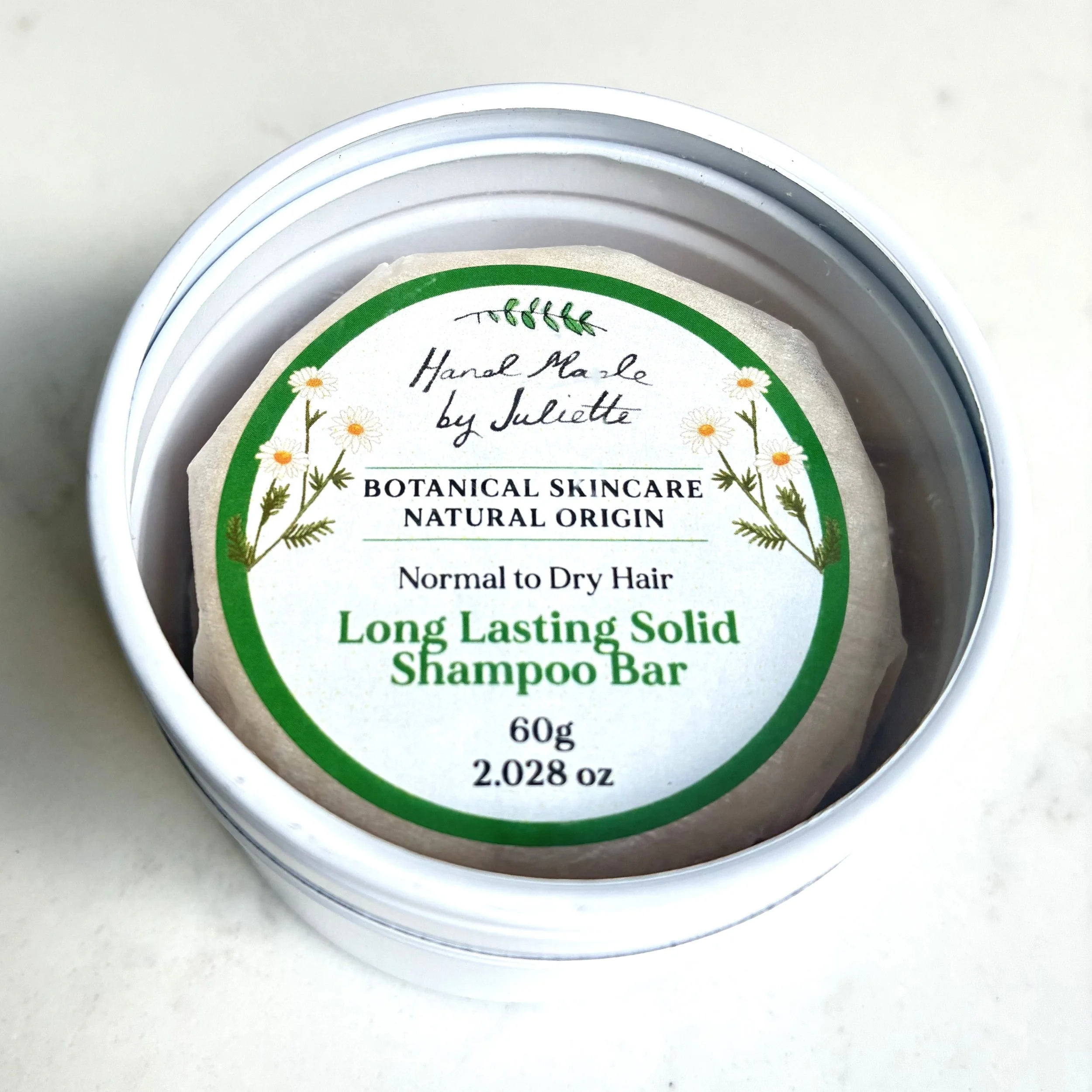 Long Lasting Solid Shampoo Bar Normal to Dry Hair, in Travel Tin