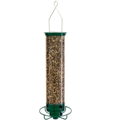 When bogged down by the weight of a squirrel, this feeder has a motorized perch that spins throwing your squirrel safely to the ground below! It's run on a rechargeable NiCad battery, and it's 4 ¾ inches around and 21 inches from top to feeder port making it difficult for a squirrel to even get on to. It is constructed of stainless steel and powder coated zinc and comes with a lifetime manufacturer’s warranty. The Flipper holds 5 pounds of seed keeping the birds happy while cutting down the time you spend filling the feeders.