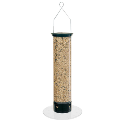 The Tipper has a weight sensitive tray that breaks away when weighed down by the weight of squirrel. It is 4 ¾ inches around and 21 inches from top to feeder port making it difficult for a squirrel to even get on to. It is constructed of stainless steel and powder coated zinc and comes with a lifetime manufacturer’s warranty. The Tipper holds 5 pounds of seed keeping the birds happy while cutting down the time you spend filling the feeders.