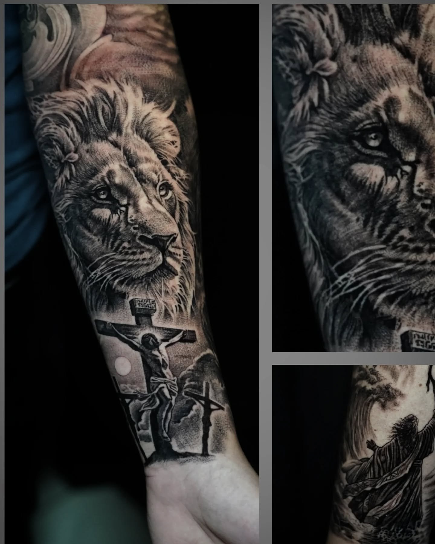 April sat for 3 days in a row to complete the bottom section of her sleeve. 21 hours total🤯 

The inside of her forearm with the lion and crucifixion took us 10 hours in one go. If you're looking to knock out something similar in scale, I have a spe