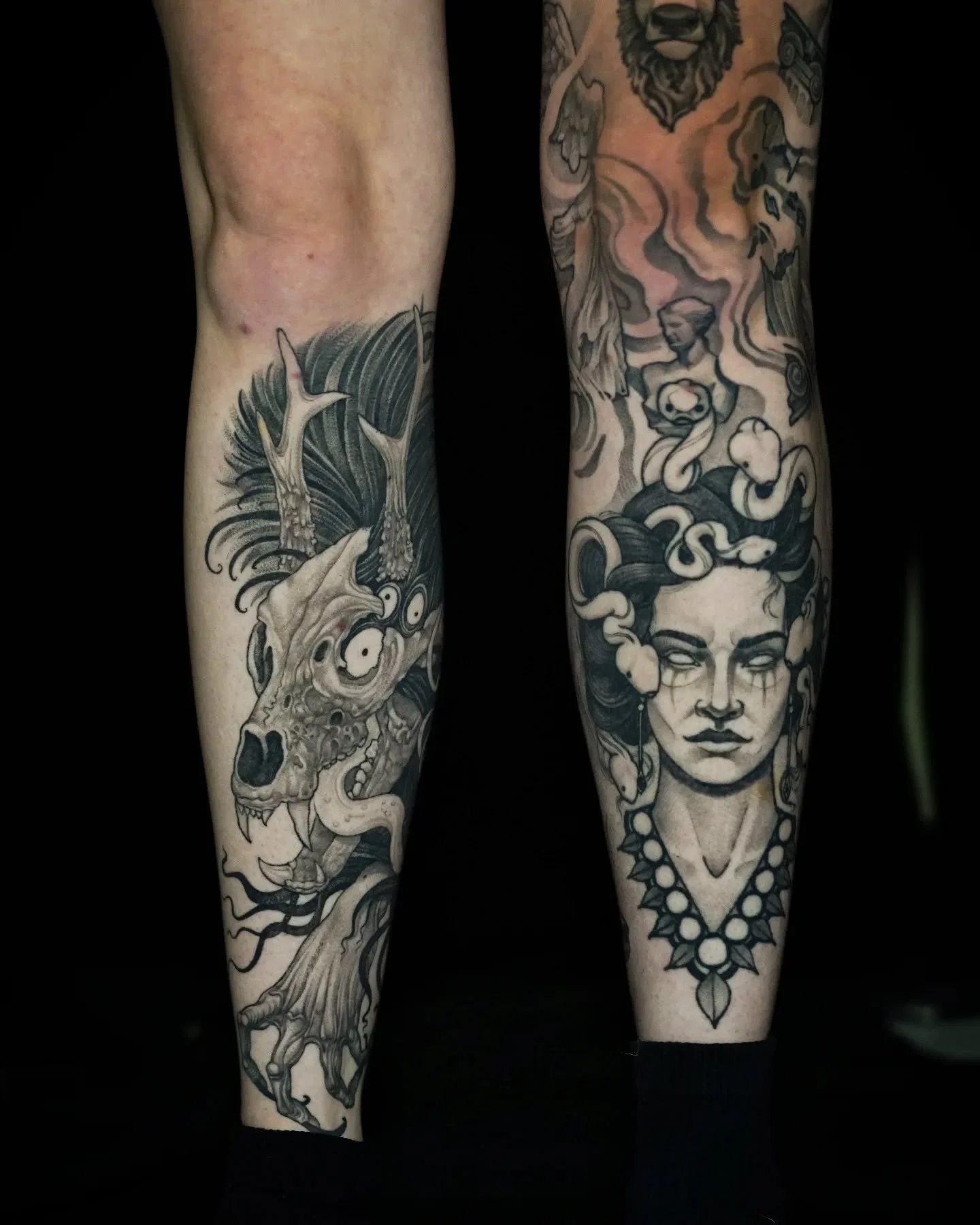 A still shot of Callie's ongoing collection. I've tattooed her since the beginning of my career and we are always doing something awesome! I've evolved in my style as all artists do and it's nice to see changes in the same collection. The windigo is 