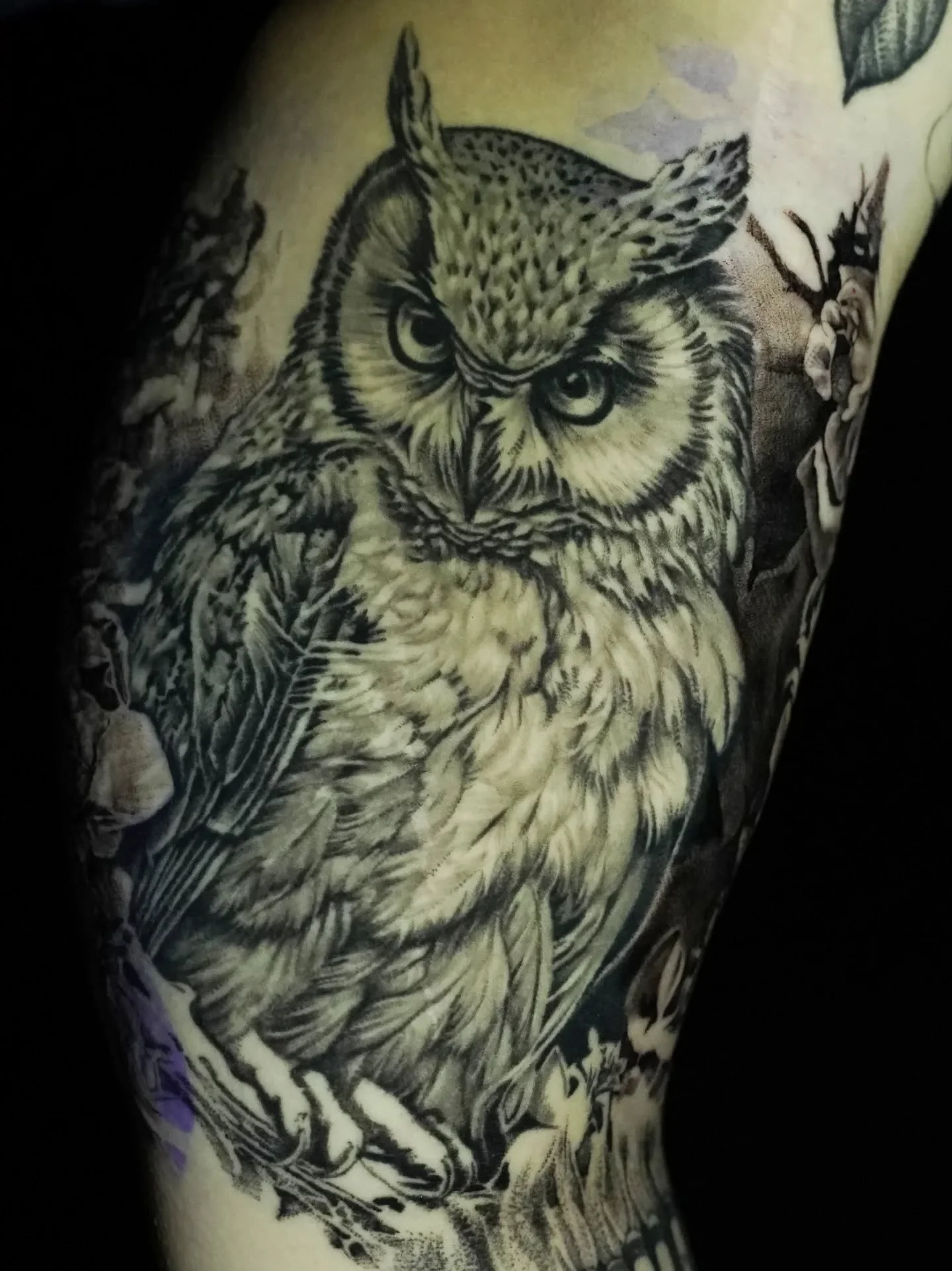 Healed owl on a sleeve in progress! Animals are probably my favorite things to tattoo. The feathers, fur, eyes, textures, and all the things they can represent to someone offer unlimited creativity and I'm always happy to be a part of it.