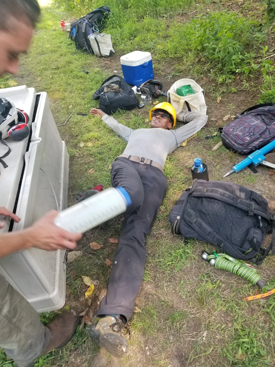 LaShaun back down to earth after a sweltering Hudson River conifer climb