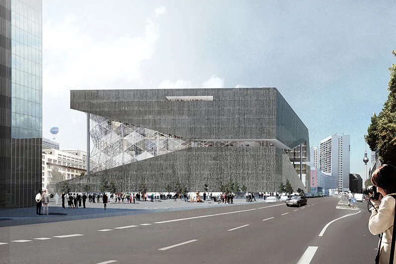 Axel Springer Campus Der Axel Springer Campus (Rem Koolhaas, 2016–2019) liegt direkt auf dem ehemaligen Mauerstreifen und macht diese Achse zum Grundprinzip seiner Organisation