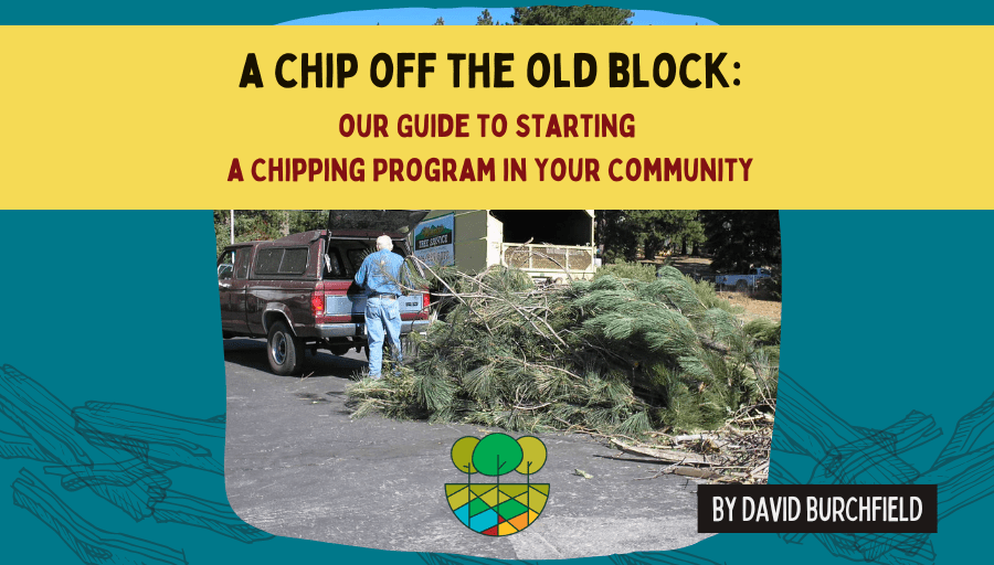 The page header for F A C Net's blog on starting a chipping program, featuring a picture of a man standing in front of a pile of slash waiting to be chipped