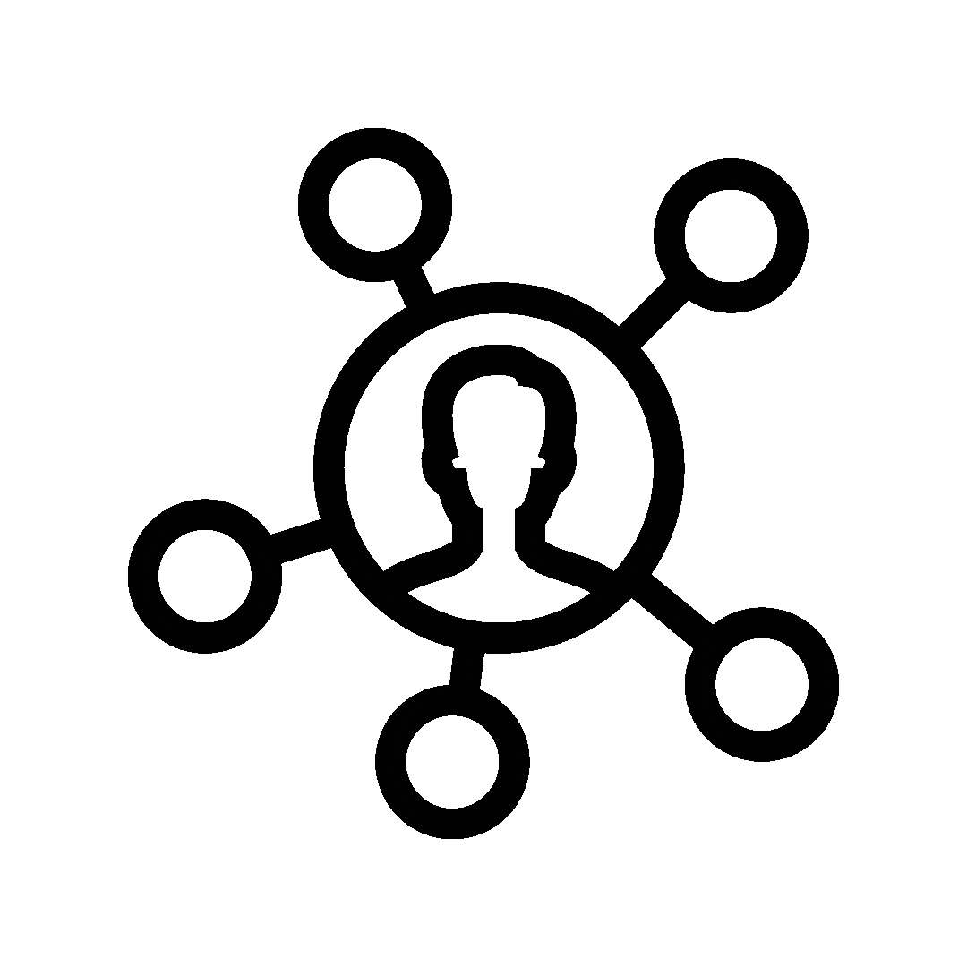 Icon of a person at the center with connected circles around, representing a network or social connection.