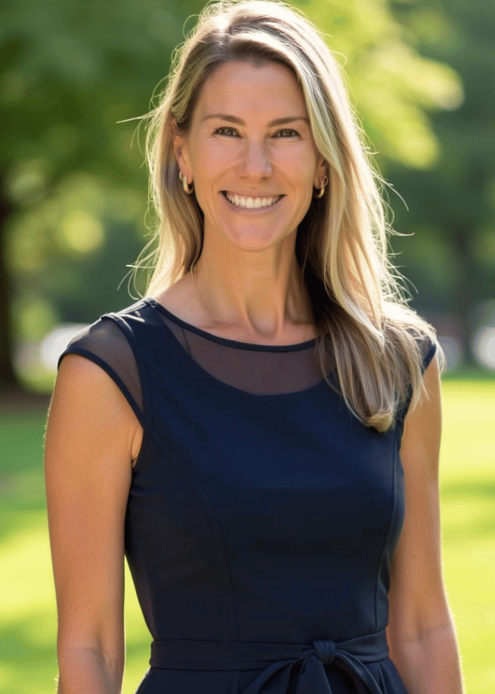 A woman in a black dress standing outdoors in a park with green trees in the background, smiling at the camera.