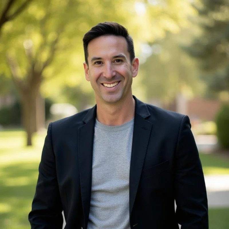 A smiling man with dark hair wearing a black blazer and gray t-shirt outdoors with green trees and sunlight in the background.
