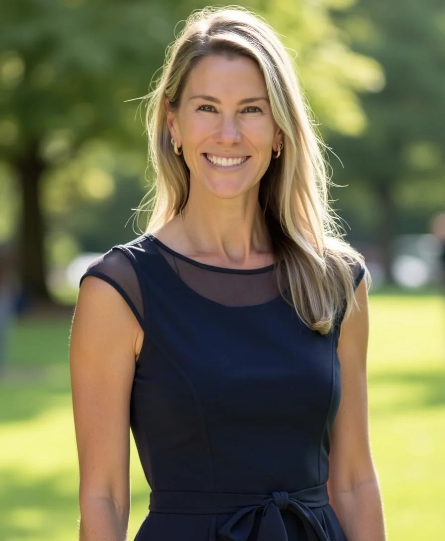 A woman in a black dress standing outdoors in a park with green trees in the background, smiling at the camera.