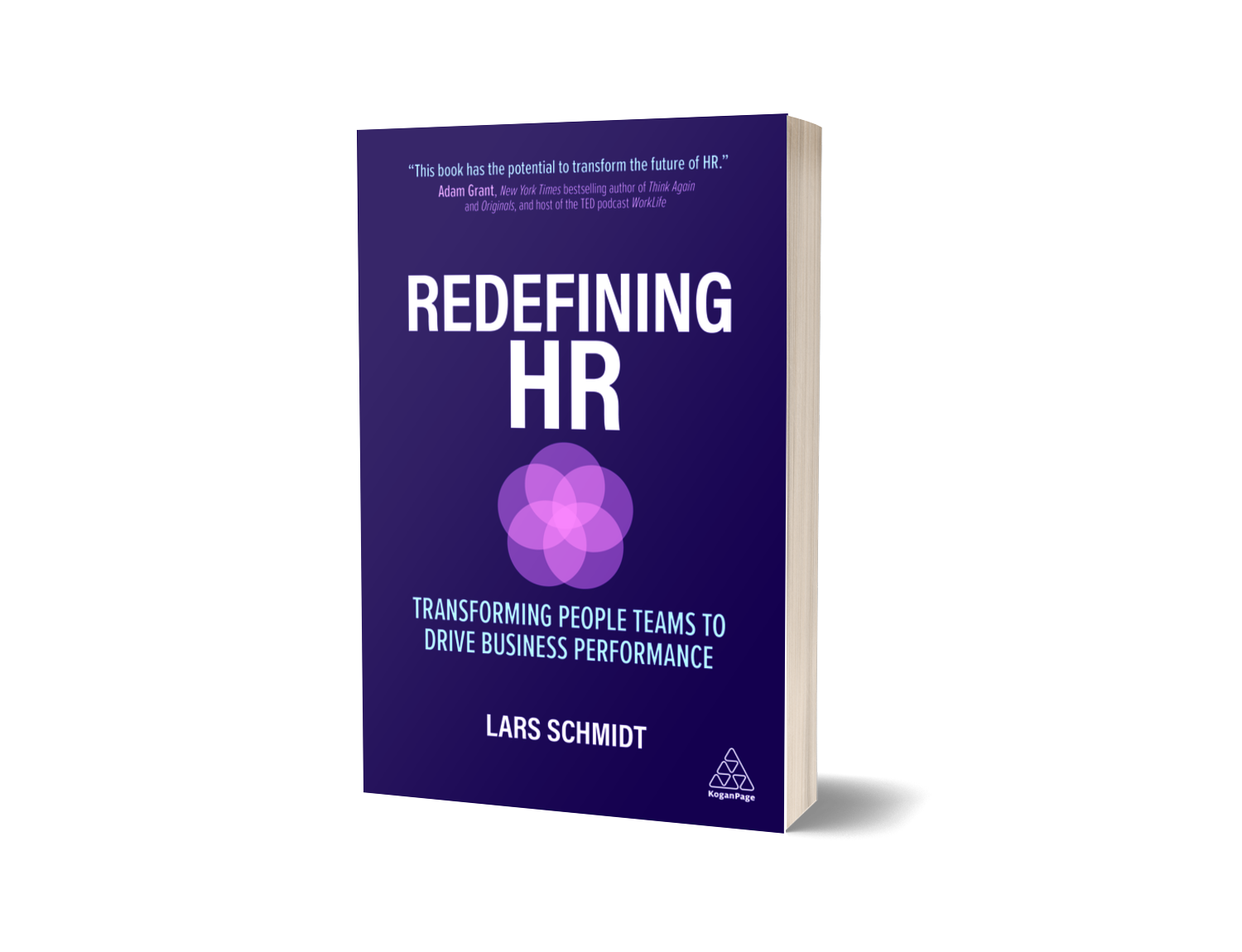Cover of the book titled "Redefining HR" by Lars Schmidt, with a dark blue background and purple abstract flower-like graphic, and subtitle "Transforming people teams to drive business performance."