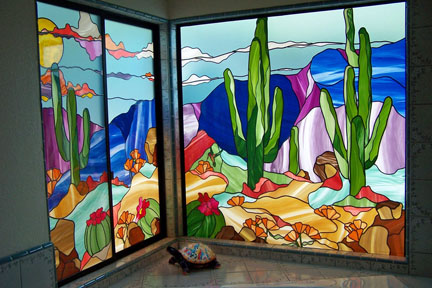  Fixed and slider window of the master bathroom also inspired by the Arizona sunset in a Fallbrook home. It is on one solid piece of tampered glass 