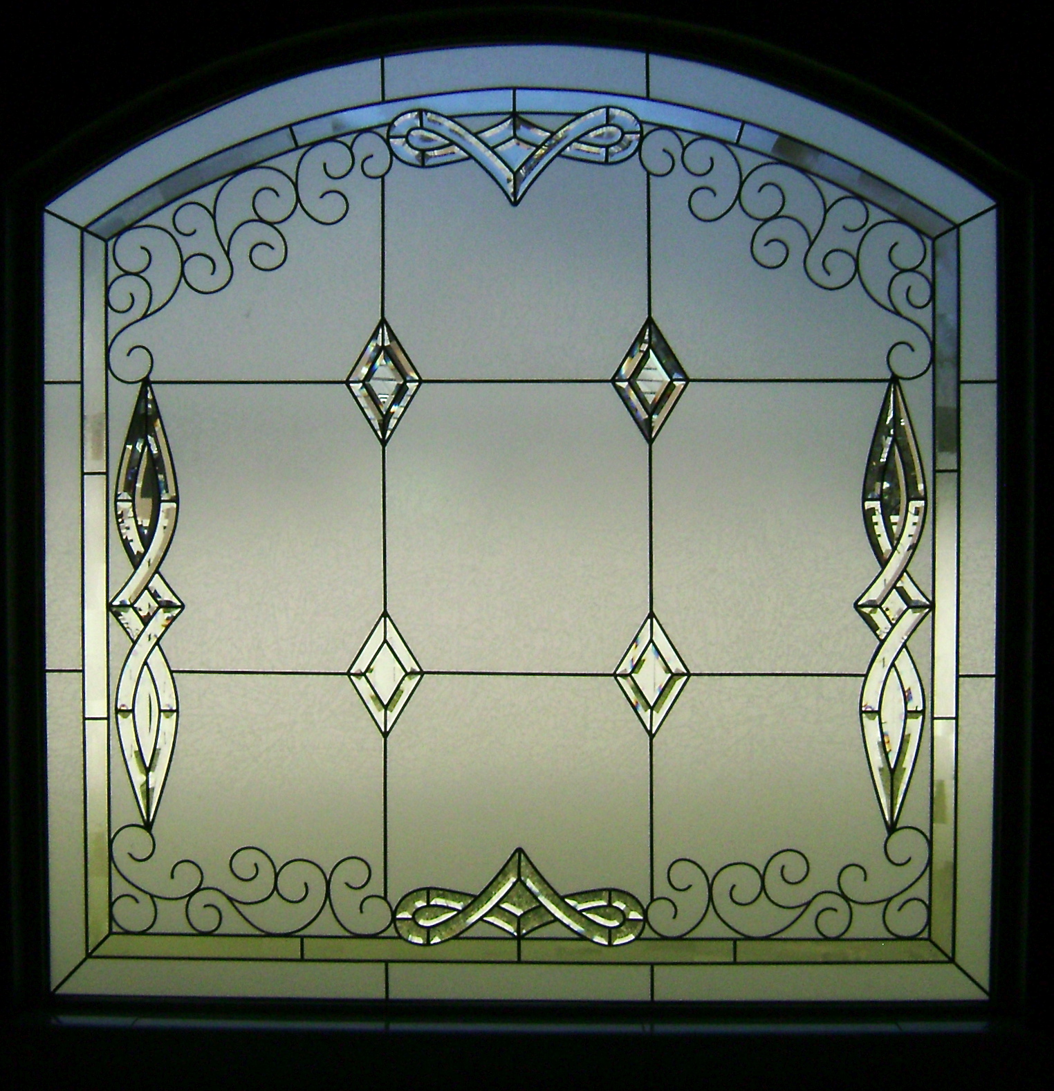  Private bathroom window, lead and bevel window, swirling lines 